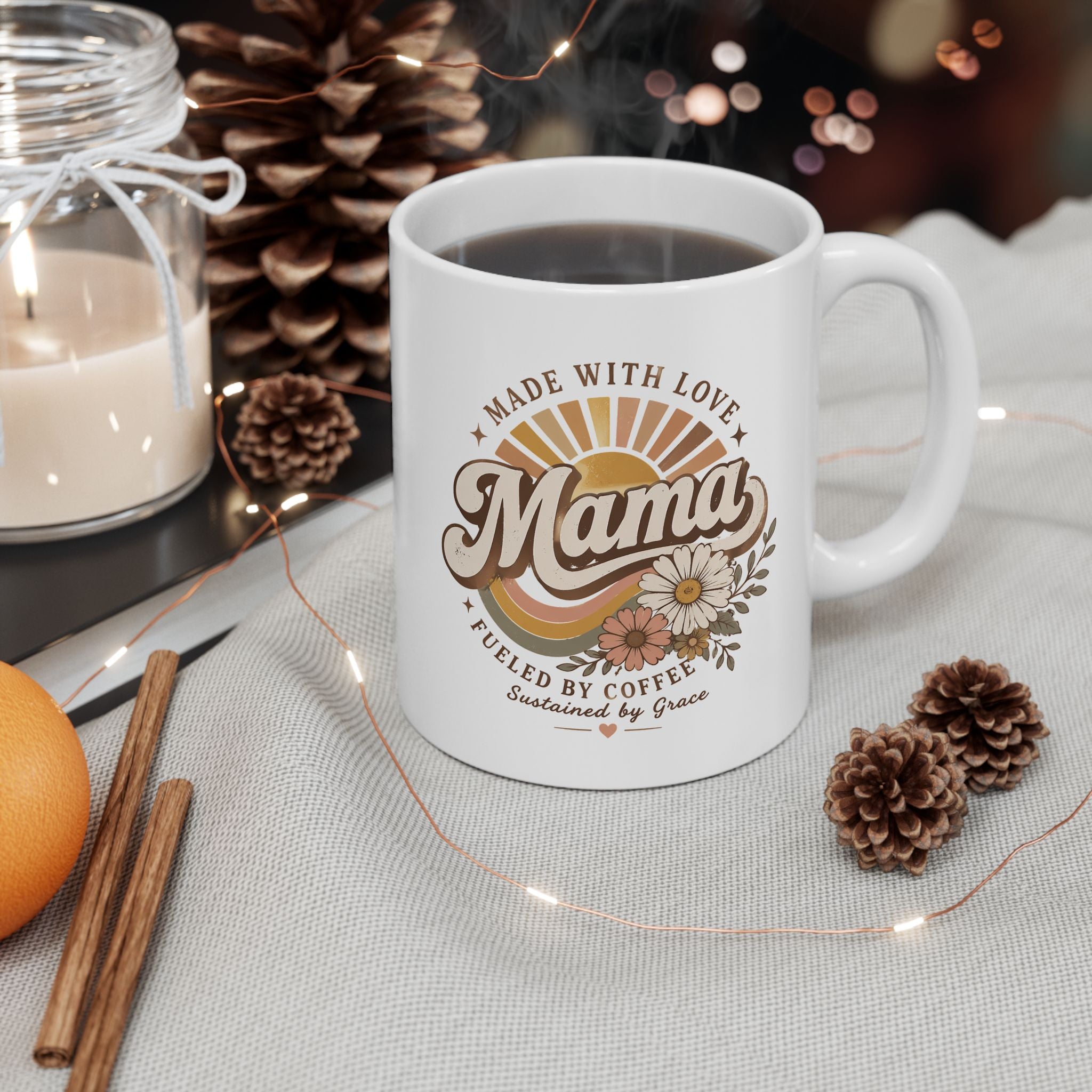 Mama Floral Ceramic Mug — Retro Script Coffee Cup (11oz)